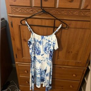 White, spaghetti strap, off the shoulder dress with blue flower design